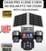 4g Solar 3MP PTZ 10X Zoom 4 lens 3 View with 2 Solar Panels OKAM Pro App